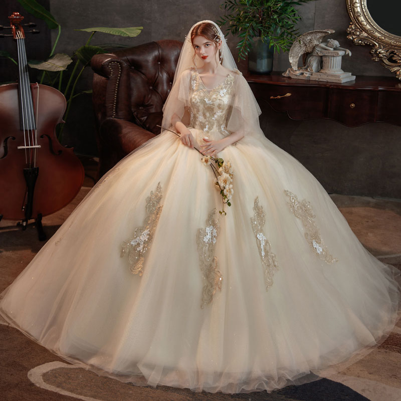 ウェディングドレス ウエディングドレス プリンセスライン 花嫁 二次会 結婚式 披露宴 ドレス ロング シャンペン色 ウエディングドレス カラードレス 袖あり 七分袖 五分袖 ウエディングドレス ロングドレス 前撮り 後撮り 結婚式 ブライダルドレス レース 刺繍 Cgco Org