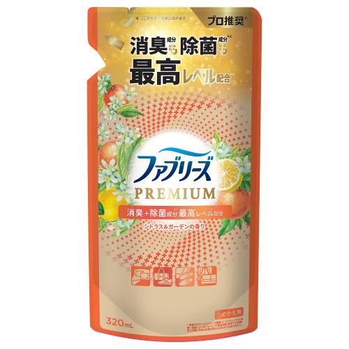【ケース販売】【1ケース24個入】P&G ファブリーズW除菌+消臭 プレミアム シトラス&ガーデンの香り つめかえ 320mL(芳香・消臭剤)|シェーンコスメ
