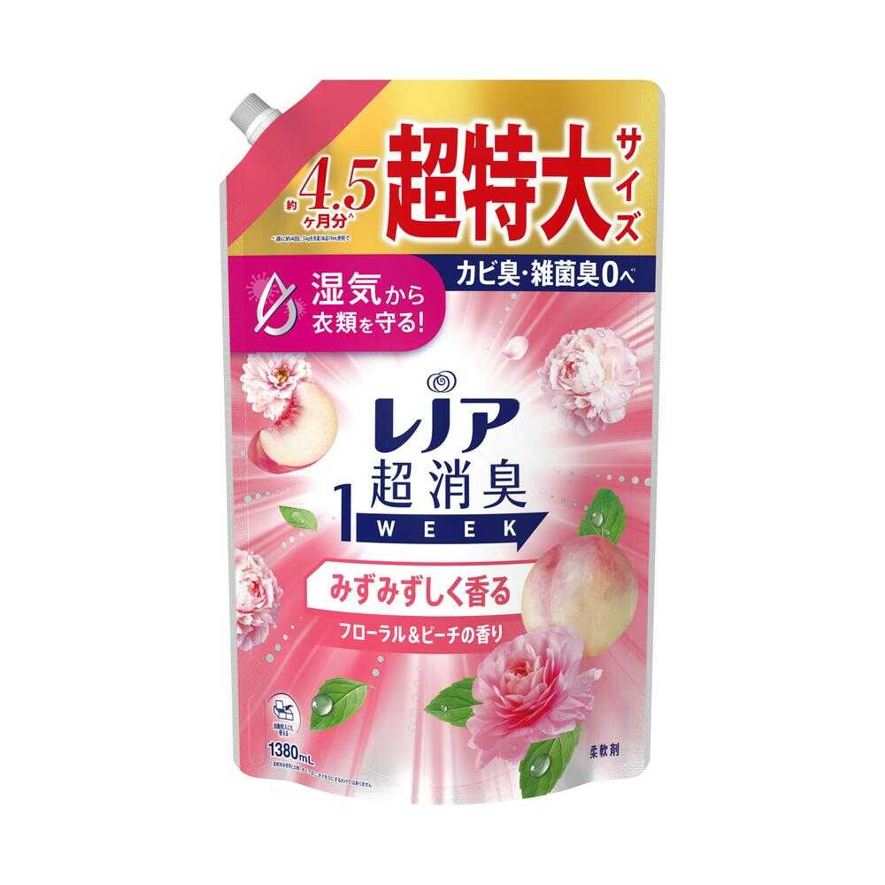 【ケース販売】【１ケース６個入】Ｐ＆Ｇ　レノア超消臭１ｗｅｅｋみずみずしく香るフローラル＆ピーチの香りつめかえ用超特大サイズ　１３８０ｍＬ（洗濯洗剤）