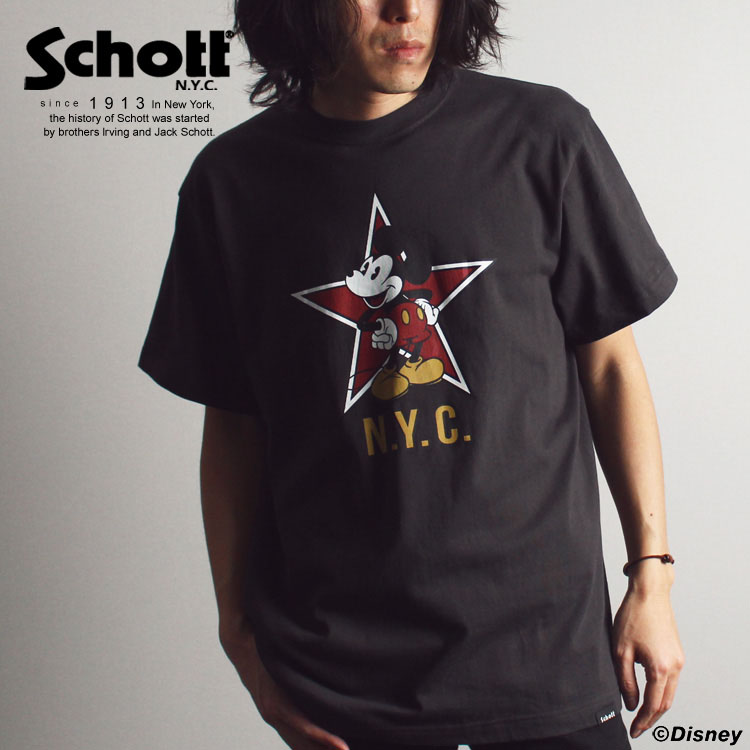 楽天市場 Sale Schott ショット 公式通販 Schott Disney ショット ディズニーt Shirt N Y C Tシャツ ニューヨークシティーschottのアイコンの一つでもある ワンスターをバックにポージングするいかしたミッキーマウス セール品につき交換 返品不可 Schott