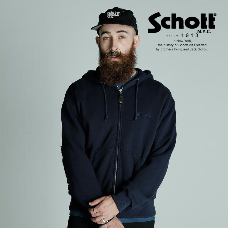 Schott/打つこと 堅苦しさ通信販売 |LEATHER ELBOW PATCH ZIP HOODED SWEAT/レザーエルボー ジップ パーカー