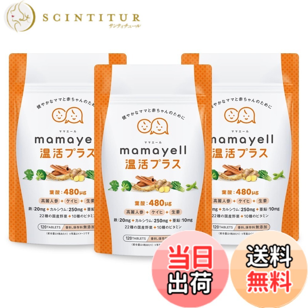 【送料無料】ママエール温活プラス 葉酸 高配合 480μg 妊婦 妊娠 産後 温活 サプリメント 鉄 カルシウム ビタミン10種類 和漢成分 亜鉛 国産野菜22種 配合 1か月分 サイズ:3袋セット