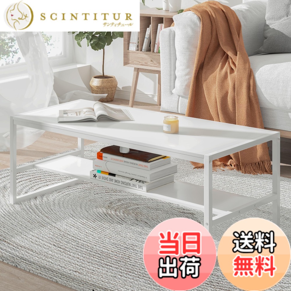 【送料無料】LunarLight ローテーブル 幅80 100奥行45*高さ38cm センターテーブル リビングテーブル コーヒーテーブル 机 座卓 コンパクトデザイン 収納棚板の高さ可動式 床傷防止用のアジャストフェルト付き 強度安定 錆び防止 耐摩擦性 色：ホワイト、サイズ：幅100cm