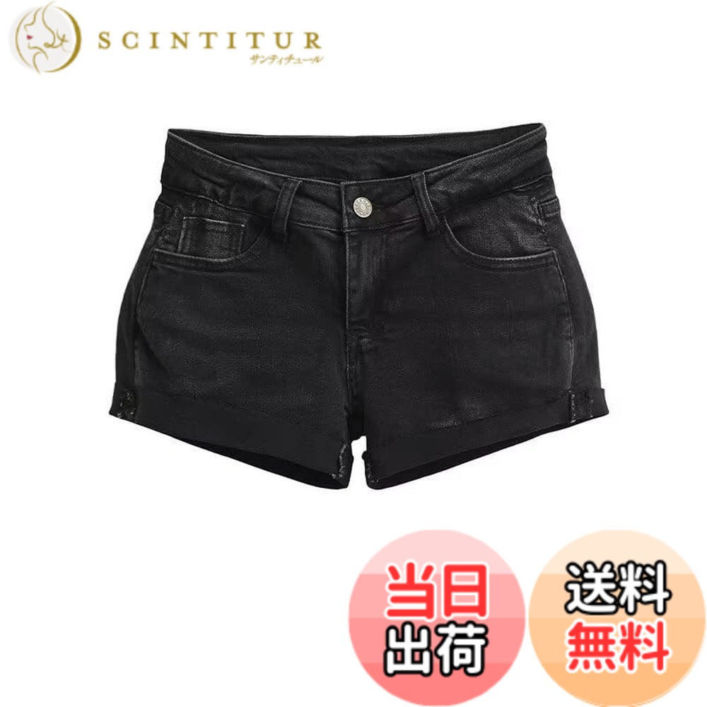 【送料無料】mini 人気 デニムショートパンツ ミニパンツ ロールアップ タイト ハーフパンツ ホットパンツ 折裾 ジーンズ ポケット デニム ハイウエスト スリムフィット 無地 ZSY065 色：ブラック、サイズ：S