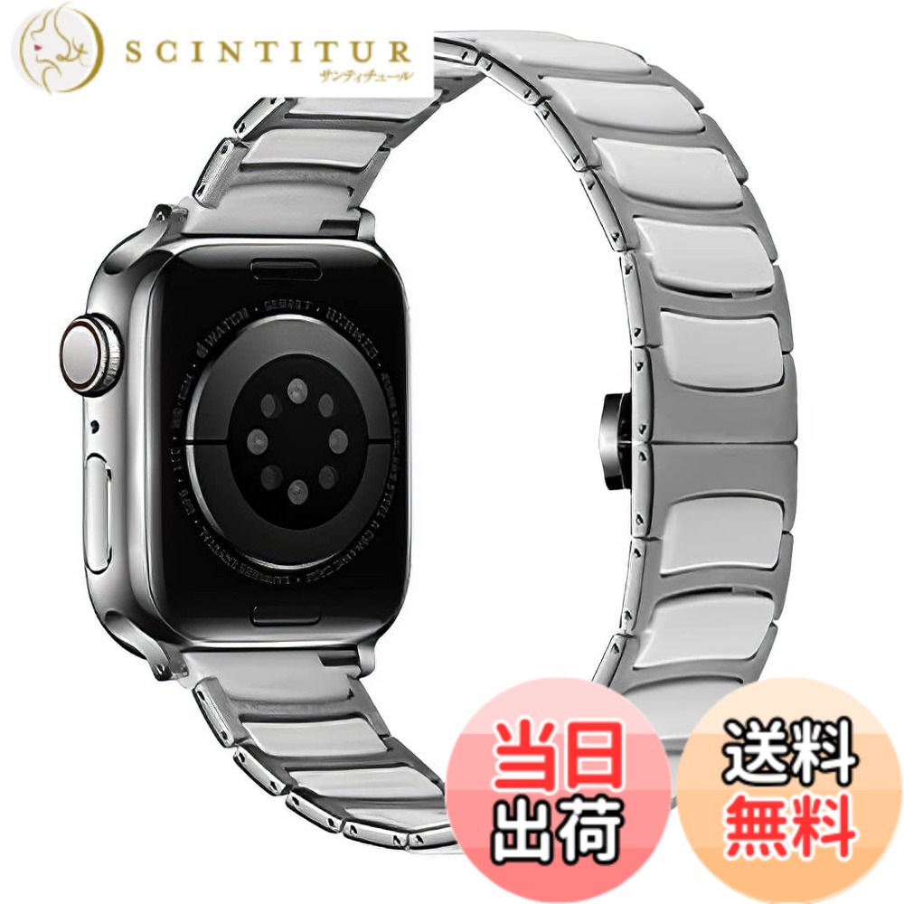 【送料無料】MaKTech セラミックバンド、薄型ステンレス象嵌セラミックベルト、Apple Watch 11/10/9/8/7,Ultra 3/2/1,SE 3/2/1 [2025]に対応 色：シルバー/ホワイト、サイズ：46mm/45mm/44mm/49mm