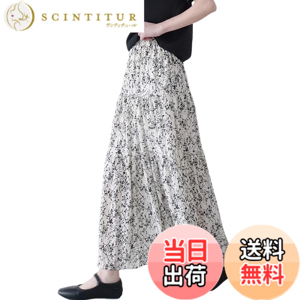 【送料無料】[エムエルーセ] スカート ロング丈 シフォン 小花柄 ゆったり ウエストゴム 体型 カバー 春 夏 秋 レディース 色：ホワイト、サイズ：XL