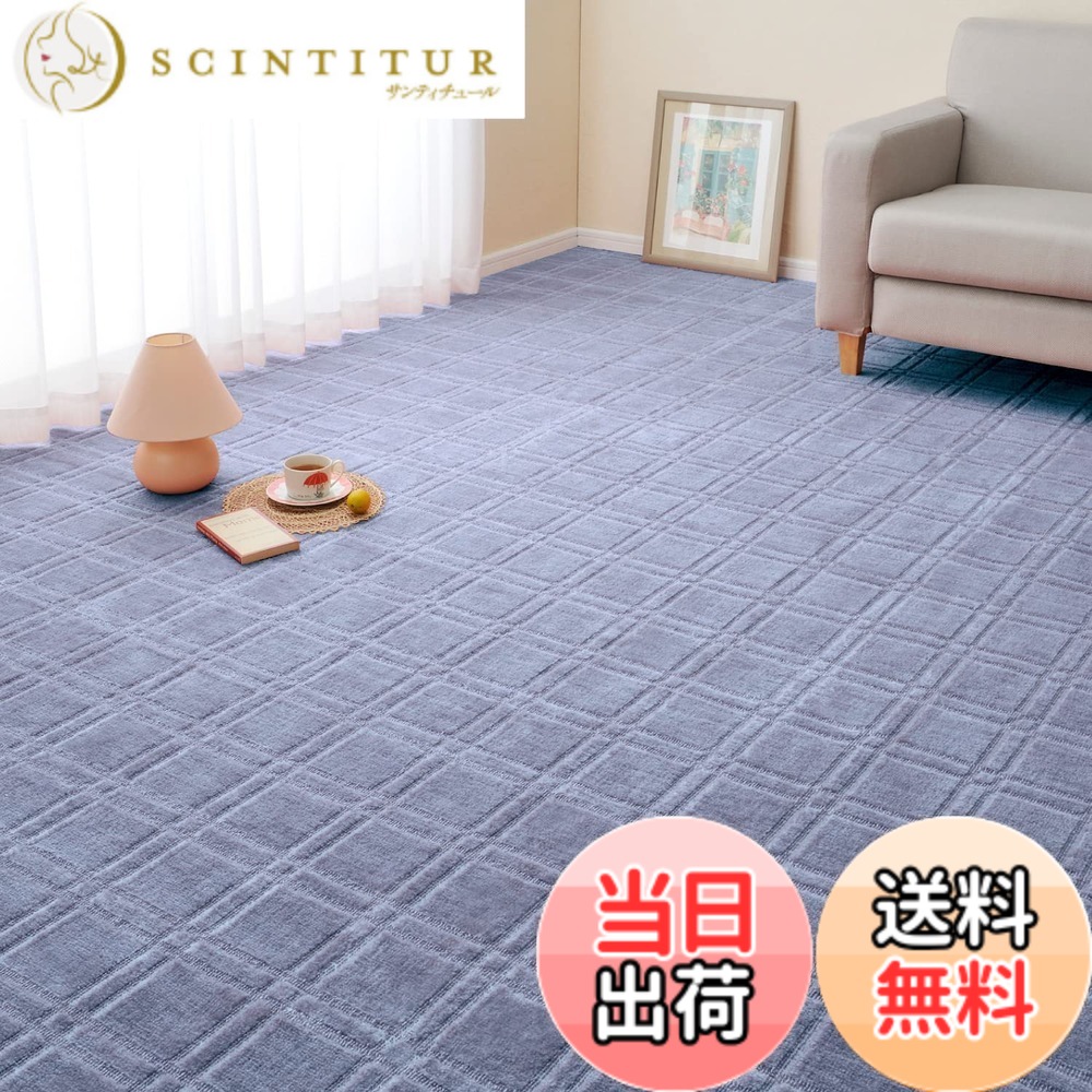 【送料無料】萩原 敷き詰めカーペット ブルー 本間2畳 約191x191cm 「シオン」 抗菌 防臭 カットOK 北欧 モダン 格子柄 ホット対応 日本製 色：ブルー、サイズ：286 x 382 cm (長方形)｜サンティチュール