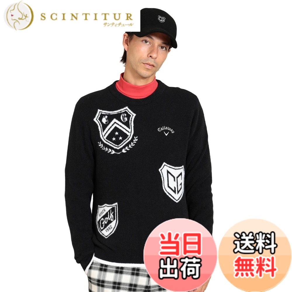 【貨物輸送無料】Callaway(キャロウェイ) メンズ クルーネックニット(エンブレムジャガード) / スウェーター ゴルフ / C23218105メンズ 色：1010_黒いこと、大きさ：L