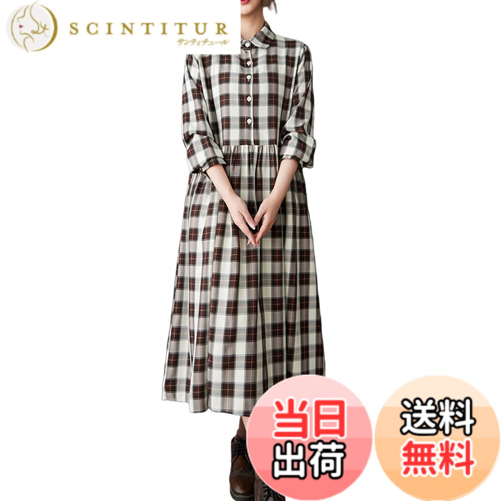 【送料無料】[Merelop Ceto] ワンピース レディース 長袖 チェック柄 ロングワンピース Aライン ポケットあり 秋服 ゆったり 体型カバー 着痩せ 可愛い 韓国 カジュアル 日常 旅行 秋 色：ブラック、サイズ：XL