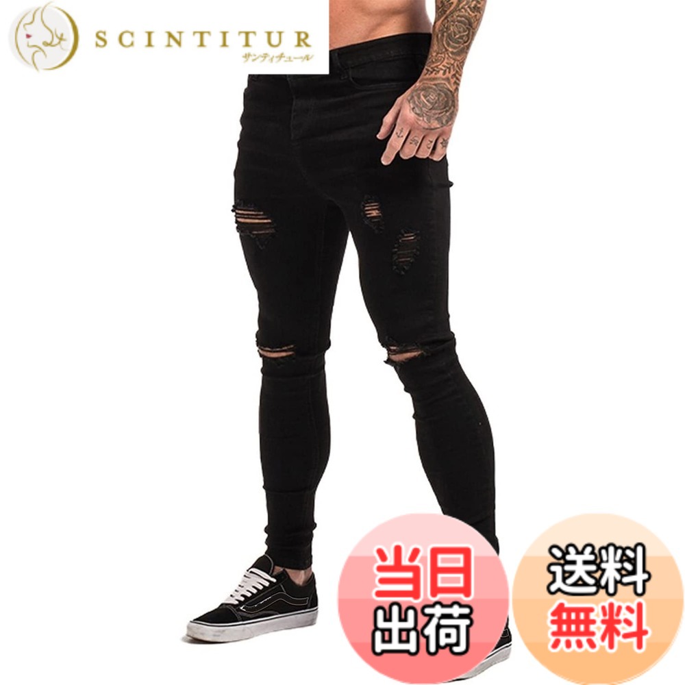 【送料無料】[GINGTTO] ジンット ダメージジーンズ メンズ すきにーぱんつ ストレッチ デニムパンツ 色：ブラック、サイズ：W28 / L30