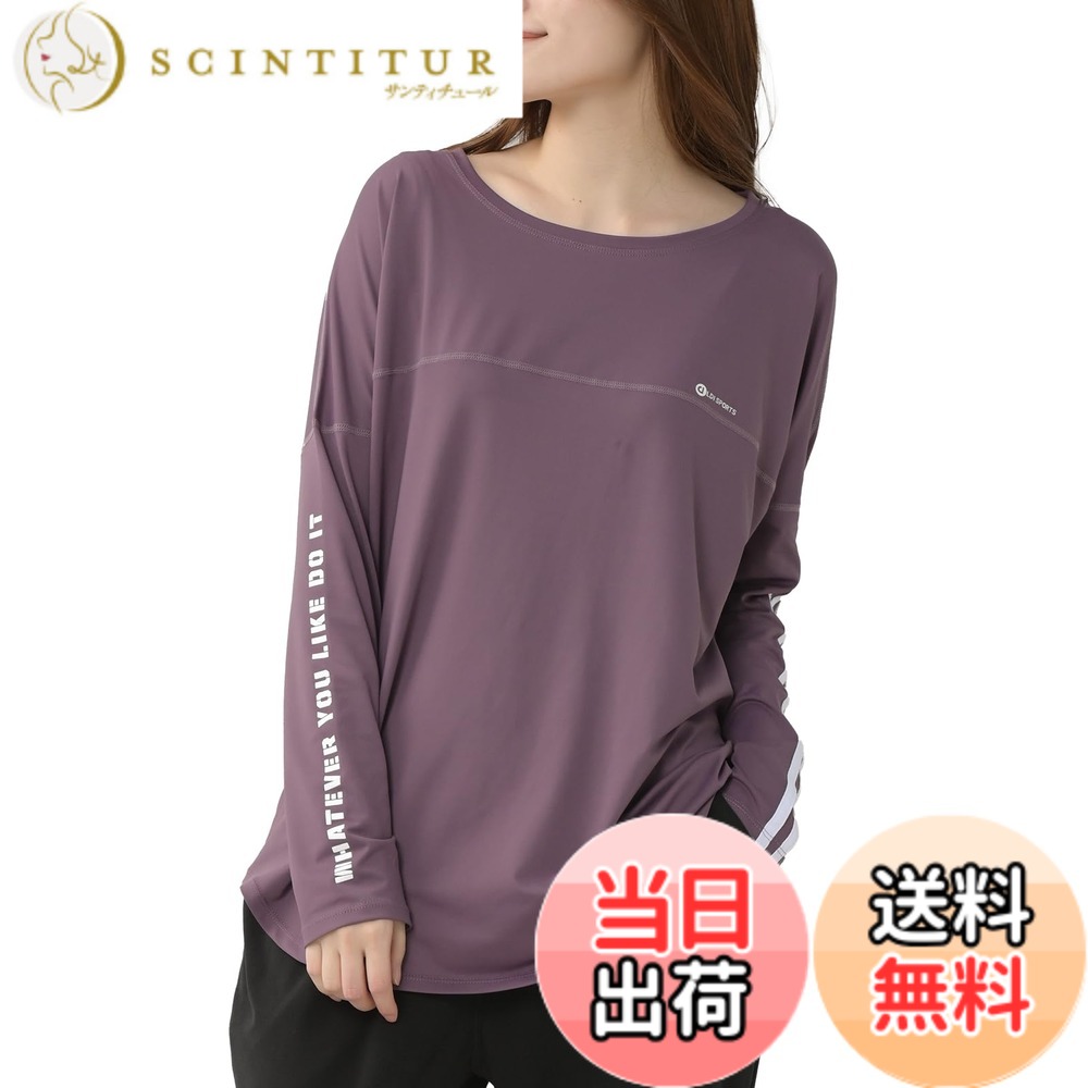 【送料無料】[JANJAM] 大きいサイズ レディース Tシャツ 長袖 袖ライン ラウンドヘム スポーツウェア トップス 色：パープル、サイズ：LL