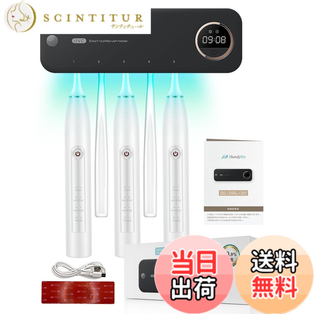 【送料無料】【歯科医師監修】 歯ブラシ除菌器 歯ブラシ 除菌 uv UV除菌 送風 壁掛け 歯ブラシホルダー おしゃれ 自動除菌 便利な時計機能 USB充電 【除菌2段階モデル】 HandyBio 色：ブラック、サイズ：Free