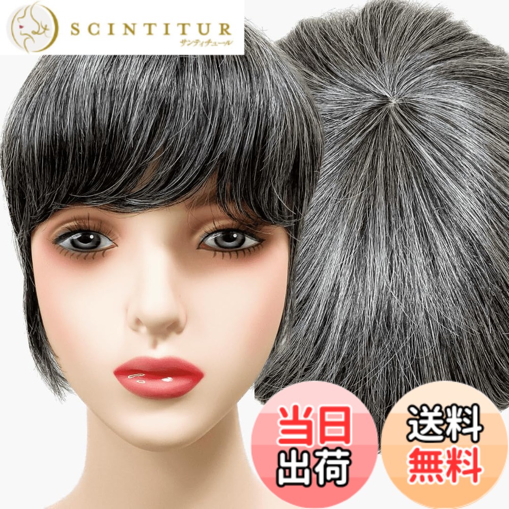 【送料無料】部分ウィッグ かつら ヘアピース ポイントウィッグ 白髪 グレイヘアー グレイ 女性 レディース 人工毛 ショート 前髪 ストレート 前髪ウィッグ O型つむじ 医療用 つむじ 頭頂部 うぃっぐ トップピース wig トップピ 色：白5黒5、サイズ：グレイヘアーアップ
