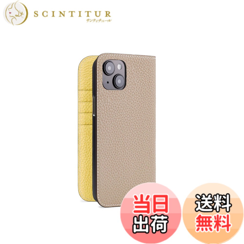 【貨物輸送無料】【ボナベンチュラ】当用日記容れもの シュリンクレザー 色：グレージュ x 黄み、大いさ：iPhone 14 Plus スマートフォン・タブレット-ケース・カバー-スマートフォン・携帯電話アクセサリー