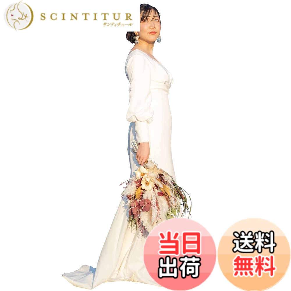 【送料無料】[EightSTAR Dress] 前撮り ウェディングドレス 白 ワンピース 花嫁 主役 二次会 ドレス ロング 袖あり 長袖 背中あき セクシー マーメイド シンプル ナチュラル 色：ホワイト、サイズ：L｜サンティチュール