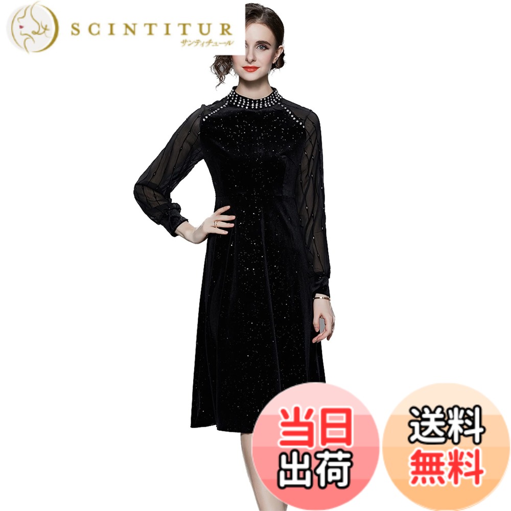 【送料無料】[EightSTAR Dress] パーティードレス 結婚式 ドレス 長袖 オケージョンドレス Aライン ひざ丈 ミモレ丈 セレブ シースルー ビジュー ベロア 20代 30代 40代 秋 冬 色：ブラック、サイズ：L