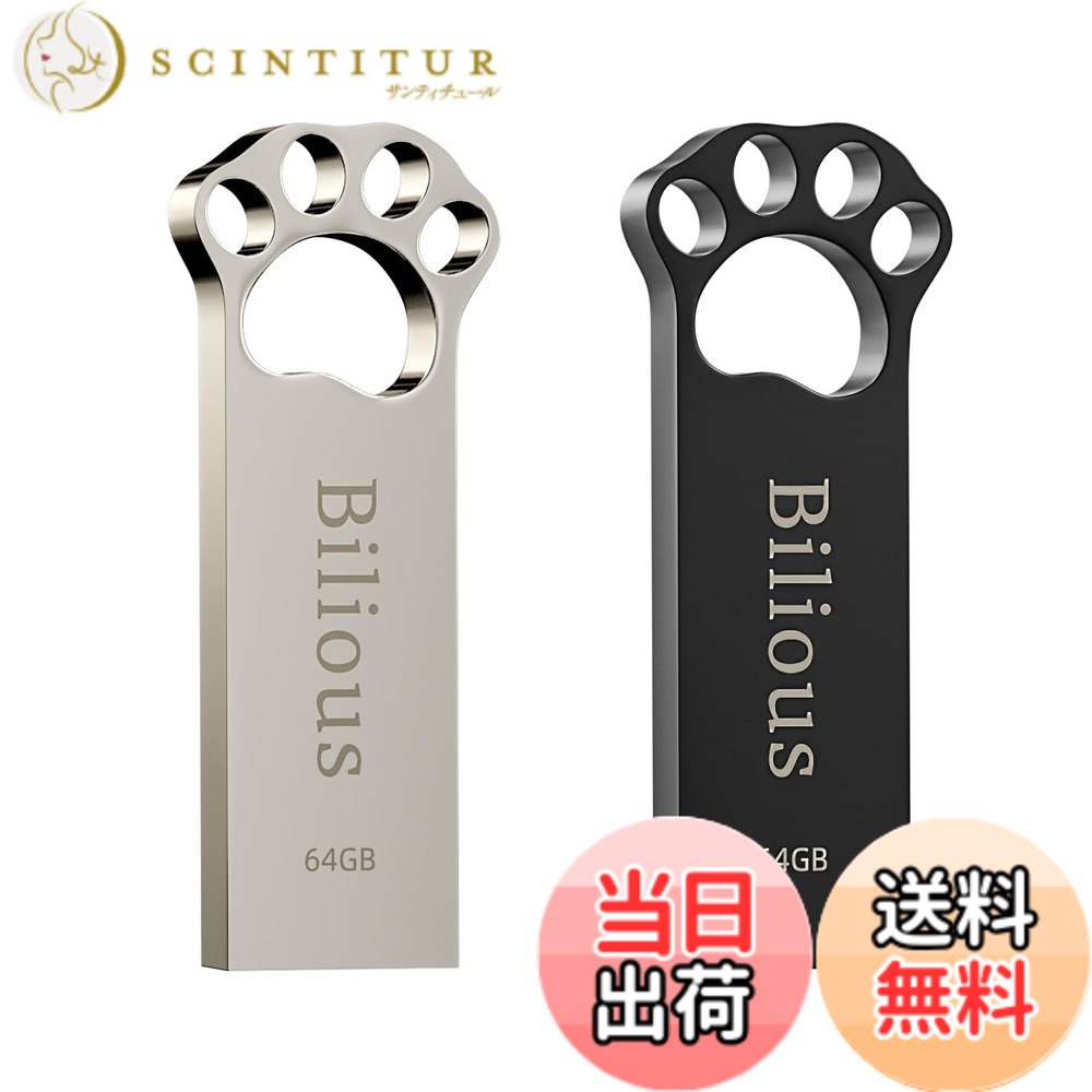 【送料無料】Bilious USBメモリ 可愛い 64GB 2個セット 大容量 USB3.0 フラッシュメモリ 外付け 容量不足解消 合金製 防水 防塵 耐衝撃 小型 携帯便利