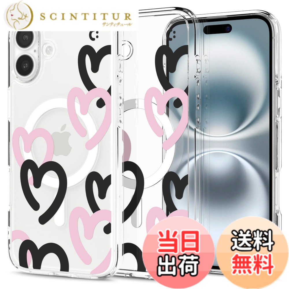 【送料無料】Spigen iPhone 16 ケース クリア MagSafe対応 耐衝撃 ストラップホール 黄変防止 バンパー 米軍MIL規格 ウルトラ・ハイブリッド・マグフィット ACS08278 (ハート・ブラック・ピンク)