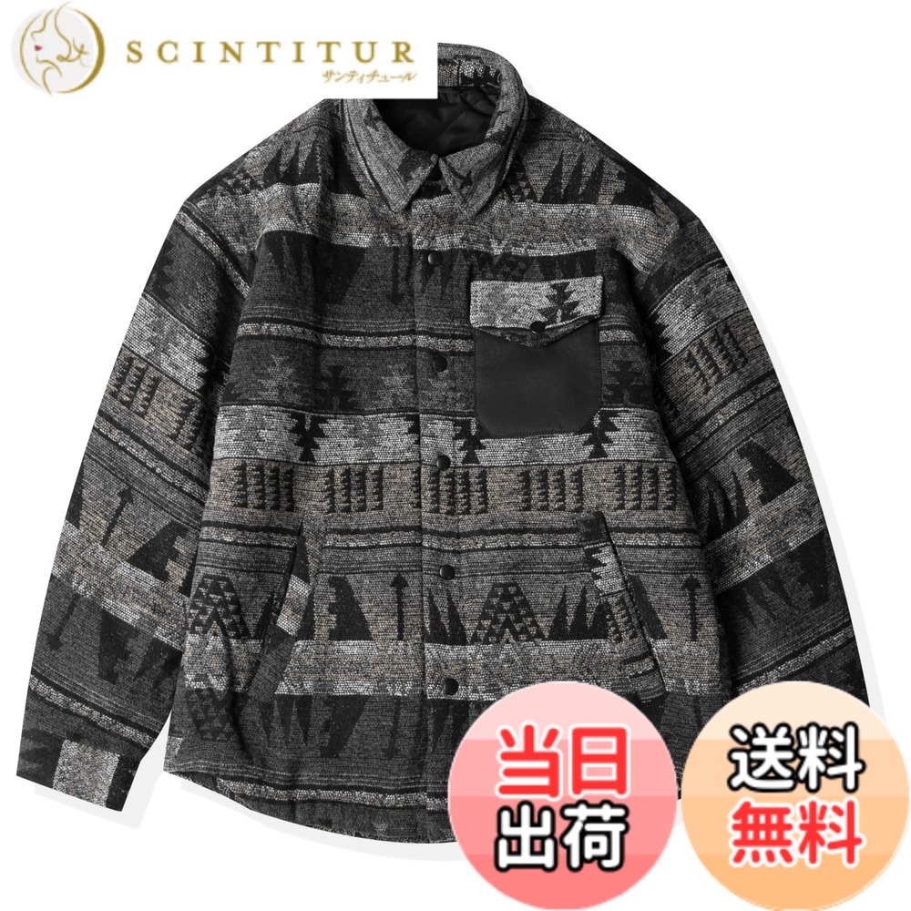 【貨物輸送無料】[CHANGE WELL] メンズ 2025AW アメリカン レトロ 流行り物 冬服 防寒 朦々たる 秋冬アウター 原住民柄 中綿 上衣(BLACK,M)