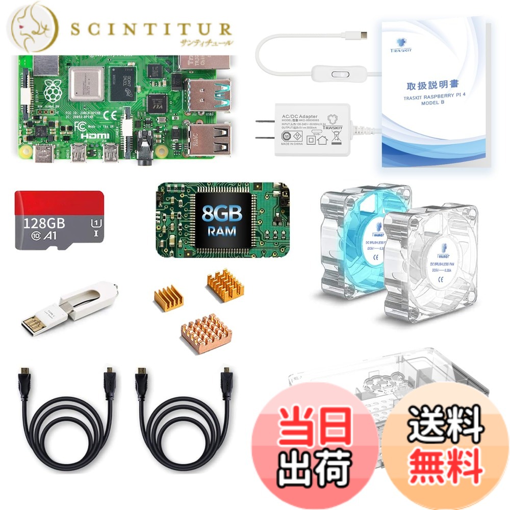 【貨物輸送無料】TRASKIT Starter Kit for Raspberry Pi 4B /ラズベリーパリア犬4B 8GB 技適目じるし付/SD歌留多128GB NOOBSプリインストール/澄み切った容れもの/5.1V/3A Type-C ワット数/2つの有線テレビ伝達ルート/ヒートシンクと2つの澄み切った静音冷やかす愛読者/歌留多指導者/GPIO引き合い歌留多/説