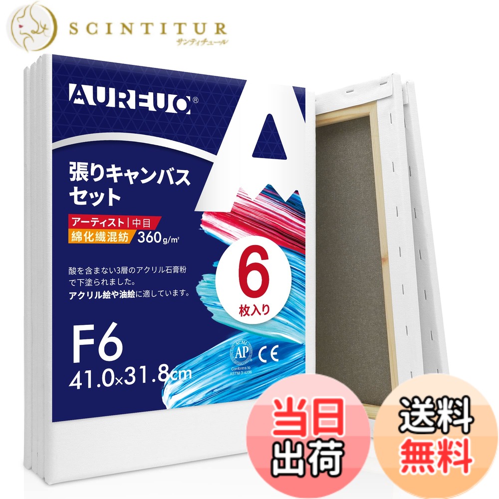 【送料無料】AUREUO 綿化繊混紡 張りキャンバス F6 (41.0cmX31.8cm) 6枚 - 中目布 水彩画・油絵画・アクリル兼用 - モダンアート・ポップアートに最適