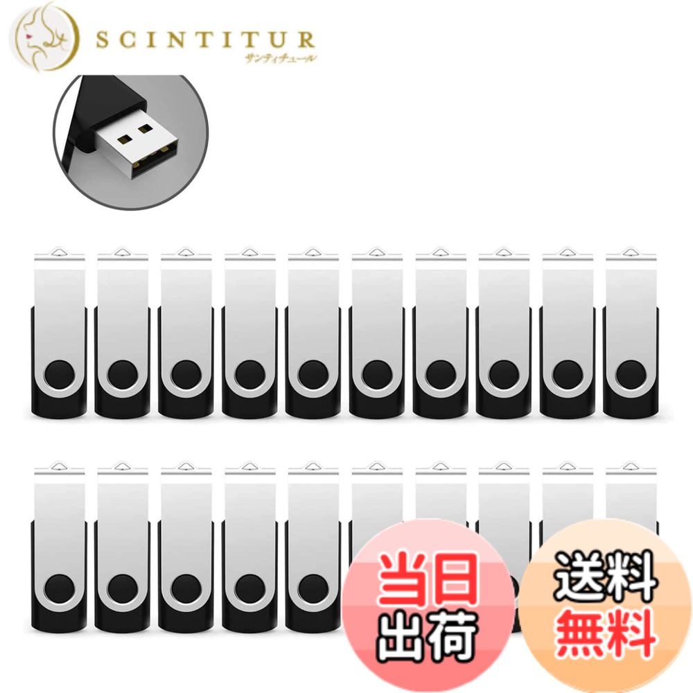 【送料無料】RAOYI USBメモリ 4GB USB 2.0 20個セット フラッシュドライブ 回転式 まとめ買い 業務用 メモリスティックストラップホール付き （黒）