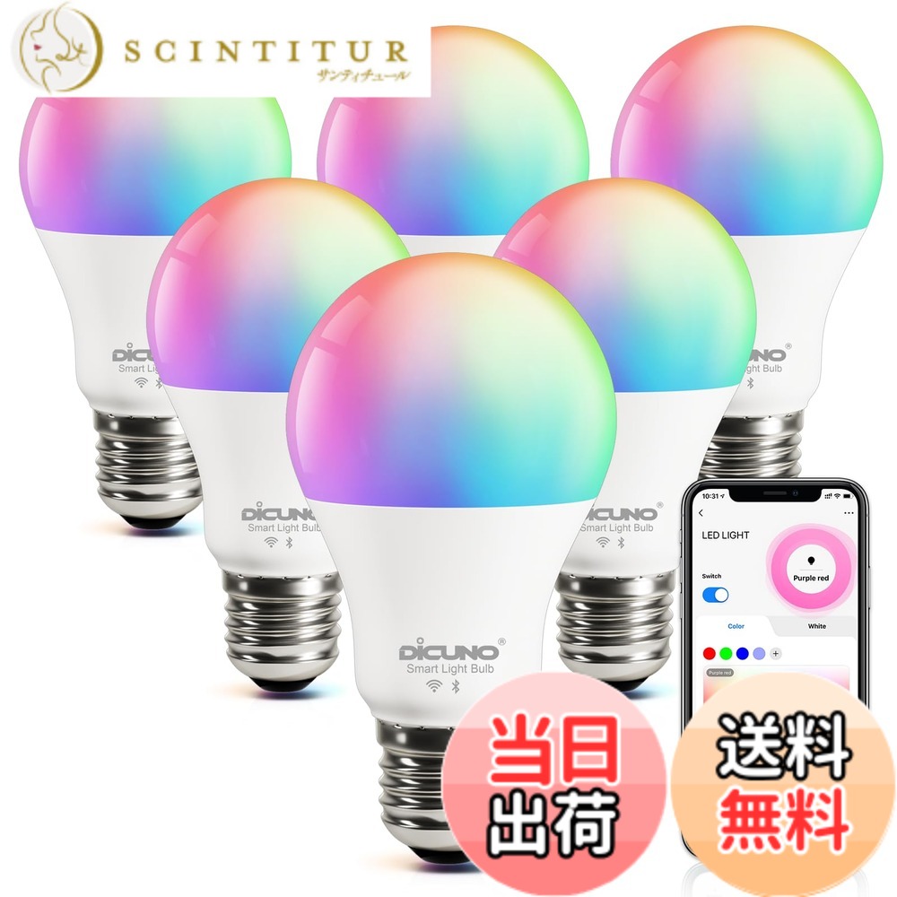 【送料無料】【 Alexa認定】DiCUNO スマート電球 E26 LED電球 60W相当 9W 800lm 調光調色 Alexa Google 対応 電球色・昼白色 マルチカラー 1600万色 RGBCW 広配光 Wi-Fi Bluetooth接続 ハブ不要 PSE認証済み 6個入