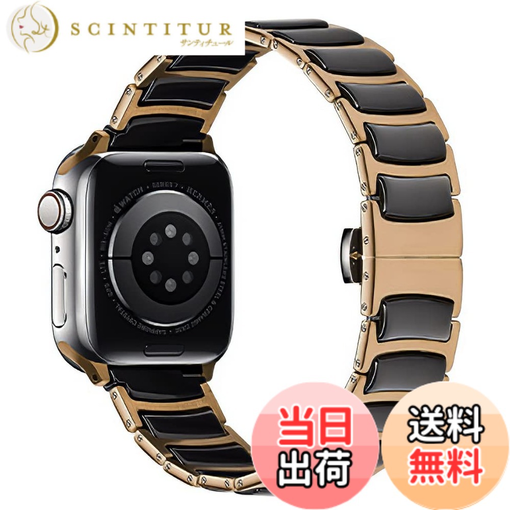 【送料無料】MaKTech セラミックバンド、薄型ステンレス象嵌セラミックベルト、Apple Watch 11/10/9/8/7,Ultra 3/2/1,SE 3/2/1 [2025]に対応 (46mm/45mm/44mm/49mm,ローズゴールド/ブラック)