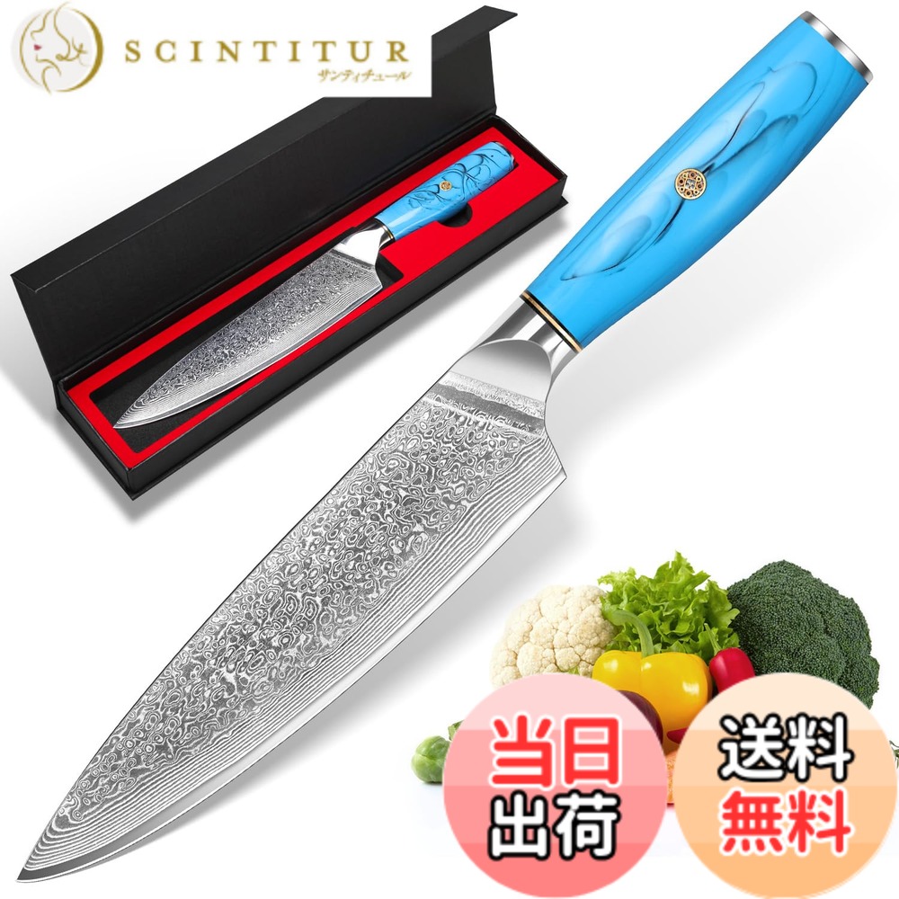 【送料無料】KyushuBlade 包丁 牛刀包丁 ダマスカス 刃渡り195mm. プロ用シェフナイフ 洋包丁, キッチン用万能. 手打ち鍛造ダマスカス模様 三徳 両刃 左利き用. 錆びにくい67層の高炭素ステンレス鋼 料理. 人間工学に基づいたブルー・ターコイズのハンドル. 切れ味良い
