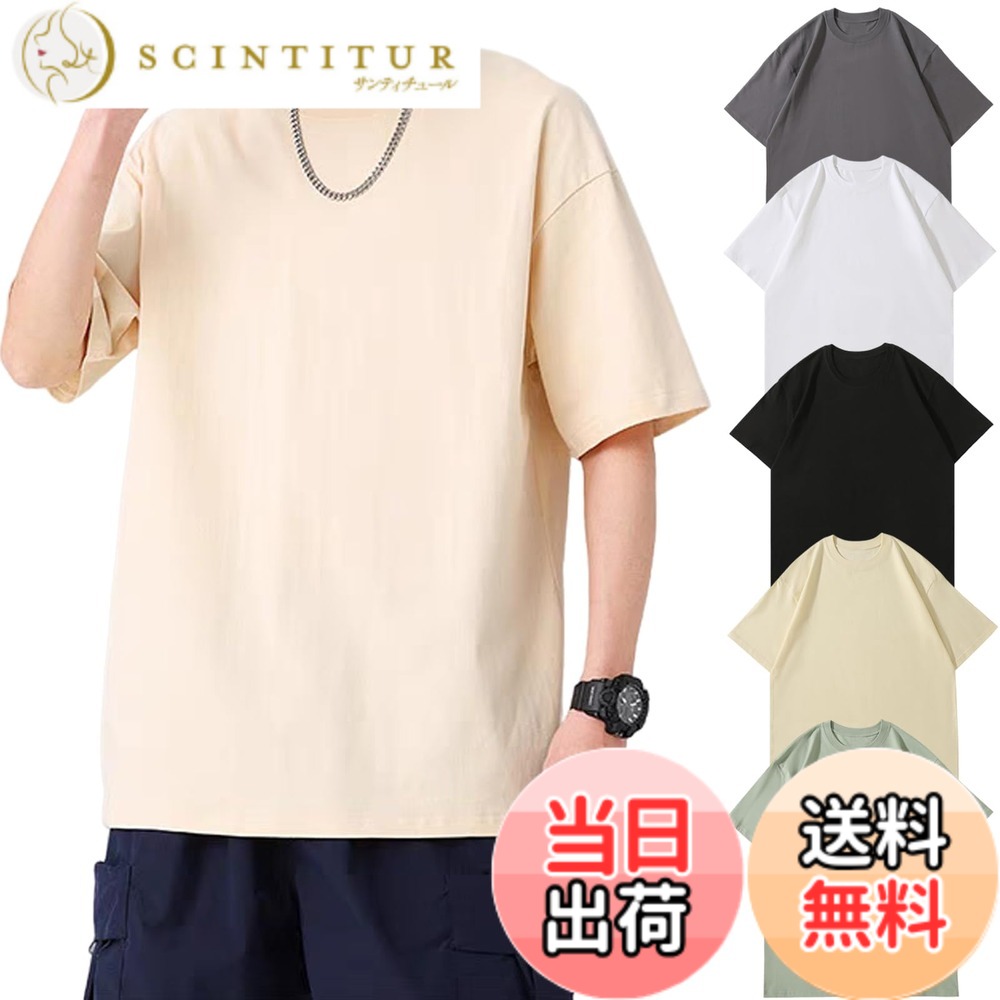 【送料無料】Hisitosa インナーシャツ５枚組 綿100% 8 オンス 中厚手 Tシャツ メンズ 半袖 セット 柔らかい 快適 肌着 丸首 防菌防臭 シャツ 下着 無地 複数色選び 男女兼用 春 夏 秋 色：ミックスカラー（ブラック+ホワイト+ダークグレー+グリーン+アンズ）、サイズ：L
