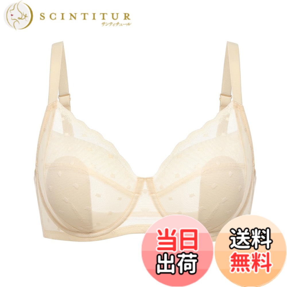 【送料無料】[DOBREVA] ブラジャー 大きいサイズ レース シースルー ドット柄 水玉模様 ワイヤー入り パッド付 小さく見せるブラ 大きいサイズブラ 色：羊皮紙、サイズ：C80
