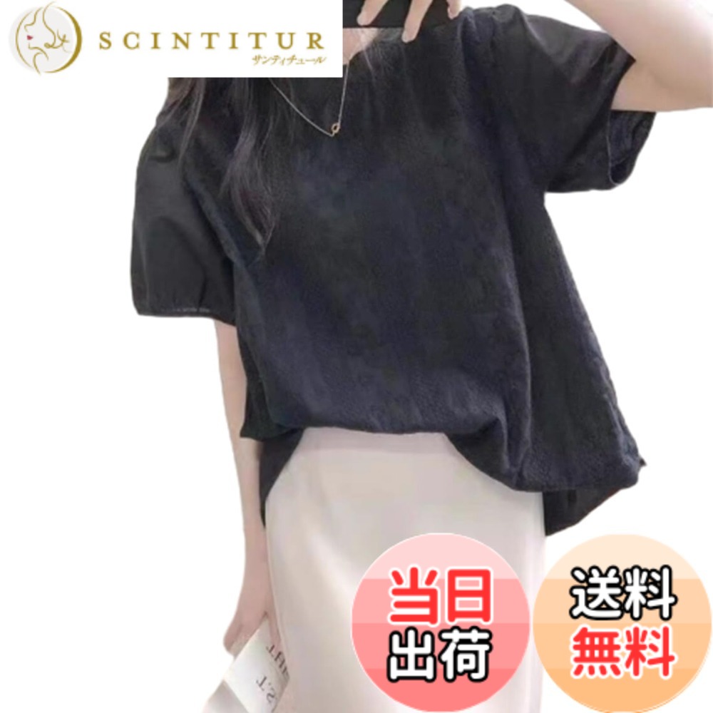 【送料無料】[CCGGOWMM] ブラウス レディース 半袖 丸襟 tシャツ トップス 花柄 刺繍 夏シャツ エレガント 大きいサイズ 春服 おしゃれ お洒落 大人 着痩せ オフィス 通勤 OL きれいめ カジュアル ファッション 春夏 色：ブラック、サイズ：Free Size