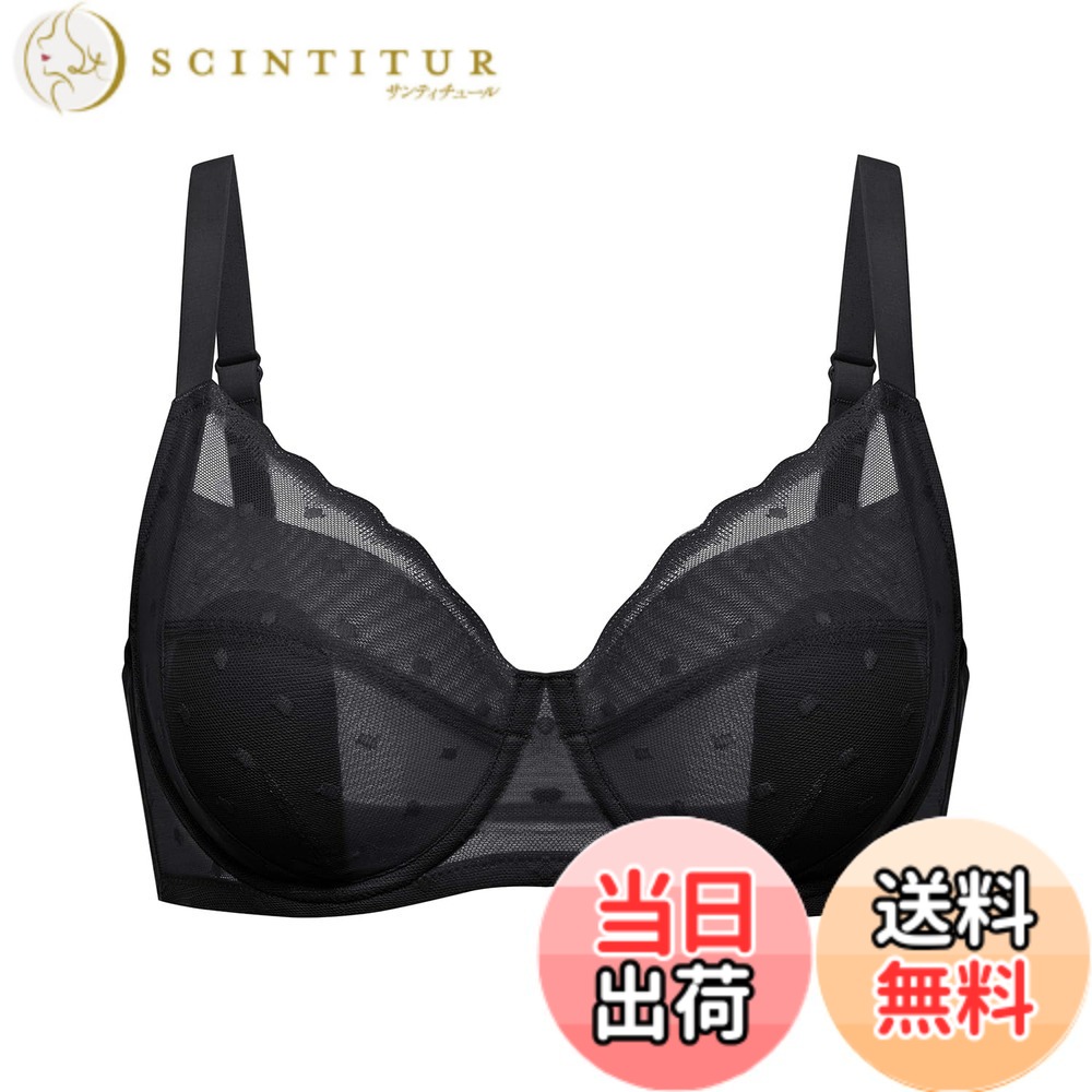 【送料無料】[DOBREVA] ブラジャー 大きいサイズ レース シースルー ドット柄 水玉模様 ワイヤー入り パッド付 小さく見せるブラ 大きいサイズブラ 色：ブラック、サイズ：D85