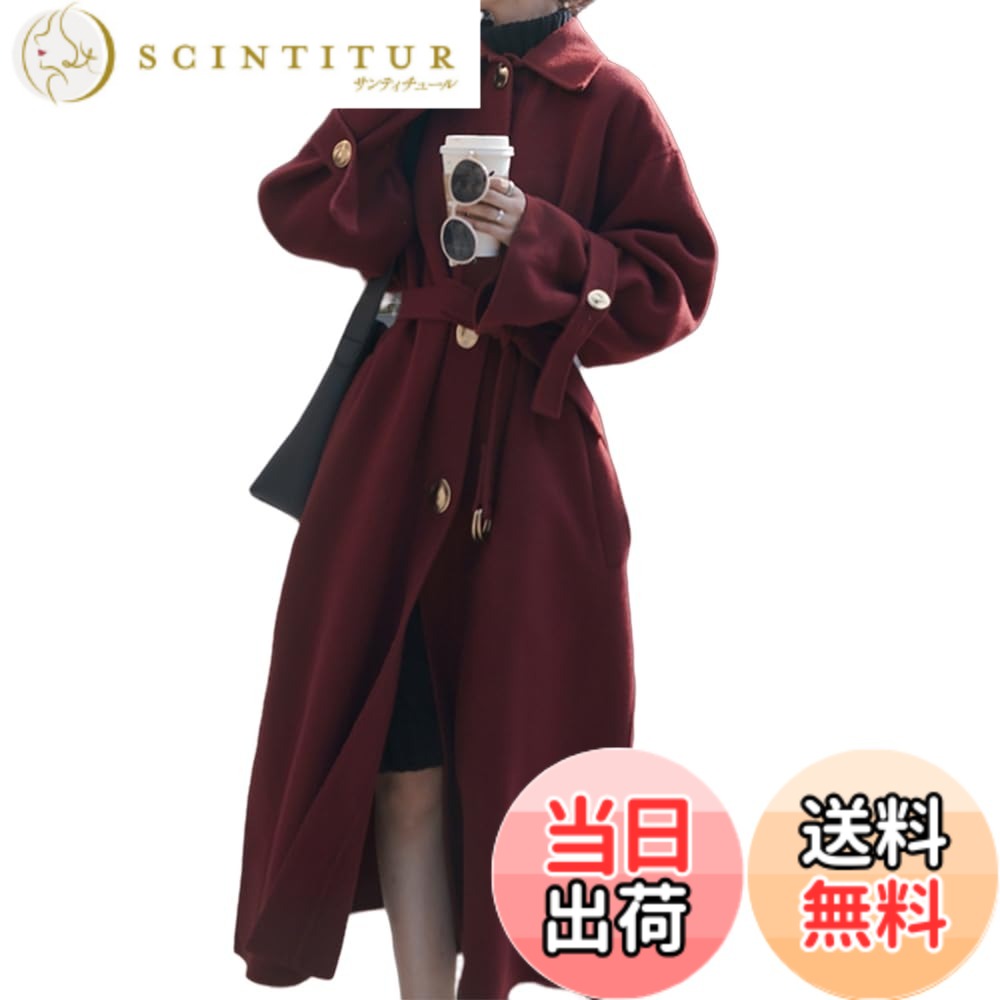 【送料無料】[MERONOCALLALY] ロングコート レディース 3色展開 ベルト付き コート アウター マキシ丈 中厚手 ポケットあり エレガント きれいめ オシャレ 上品 冬 色：レッド、サイズ：M