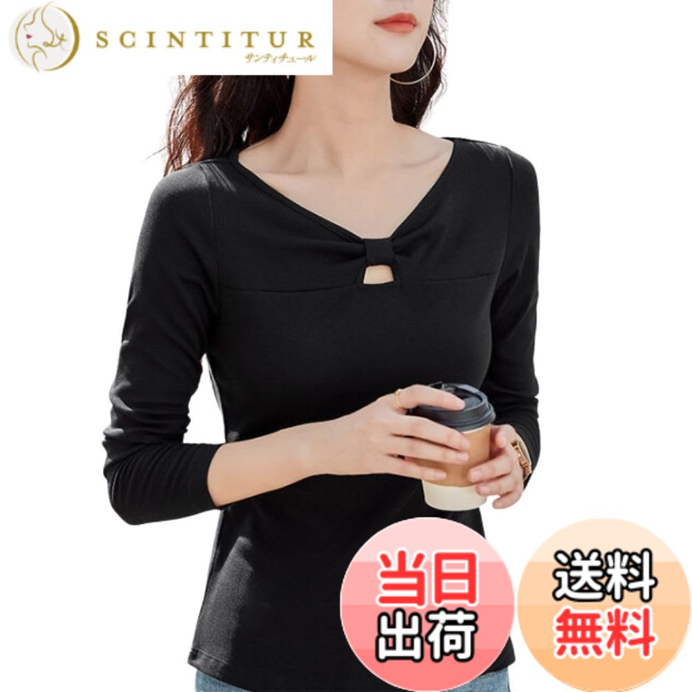 【送料無料】[wolass] tシャツ レディース 綿 無地 ストレッチ Tシャツ 半袖 丸首 カットソー スリム トップス 薄手 着やせ tシャツ 丸首 通勤 快適な ファッション カジュアル カットソー 夏季対応 色：#261-ブラック、サイズ：L