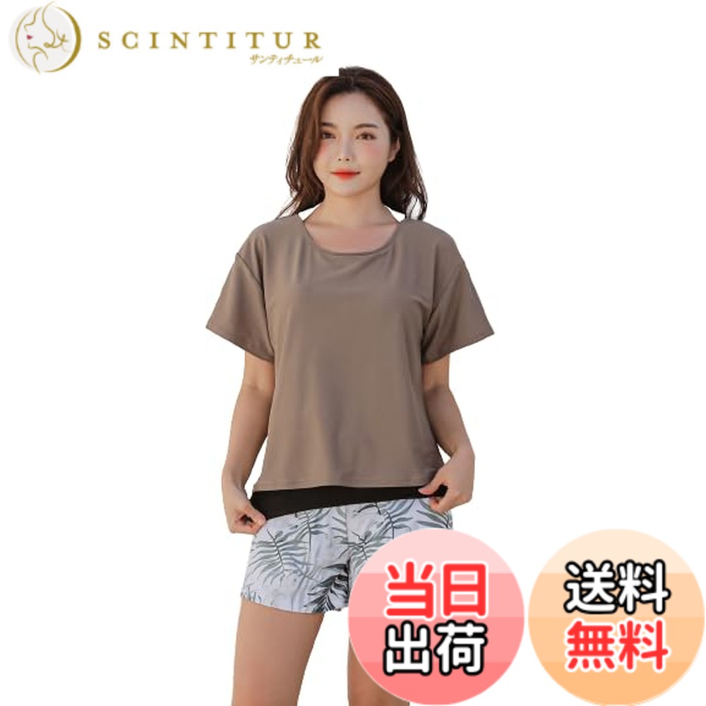 【送料無料】[growncharm] 水着 レディース 体型カバー タンキニ Tシャツ パッド付き 一体型 水着 【UPF50+ UVカット加工】【2点セット】[SLV31201] 色：G、サイズ：3L