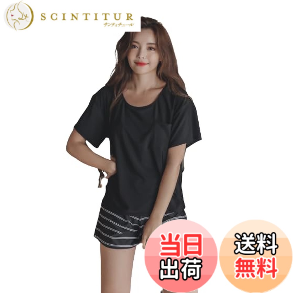 【送料無料】[growncharm] 水着 レディース 体型カバー タンキニ Tシャツ パット付き 一体型 パット付き【UPF50+ UVカット加工】【2点セット】[SW18B2-02] 色：ブラック+ダブルボーダー、サイズ：S