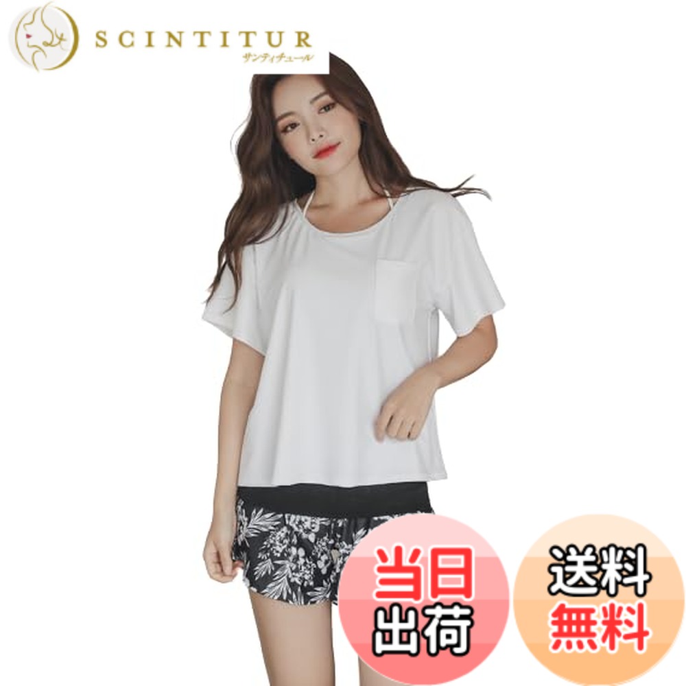 【送料無料】[growncharm] 水着 レディース 体型カバー タンキニ Tシャツ パット付き 一体型 パット付き【UPF50+ UVカット加工】【2点セット】[SW18B2-02] 色：ホワイト+ハイビスカスブラック、サイズ：4L
