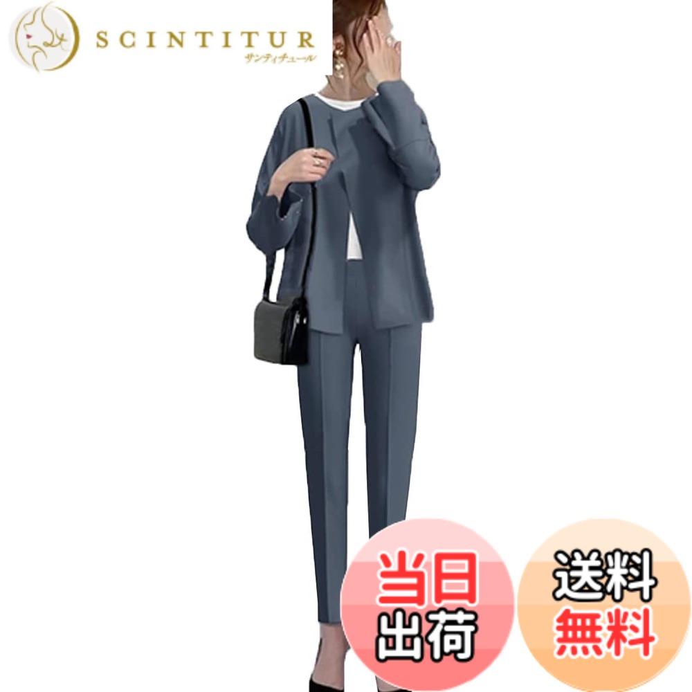 【送料無料】[DYIOPMFGZ] フォーマル スーツ パンツスーツ レディース テーパードパンツ コート ジャケット 2点セット セットアップ 上下セット ロングパンツ アウター ズボン フォーマルウェア オフィスウェア カジュアル 長袖 通勤OL セレモニー 色：ブルー、サイズ：M