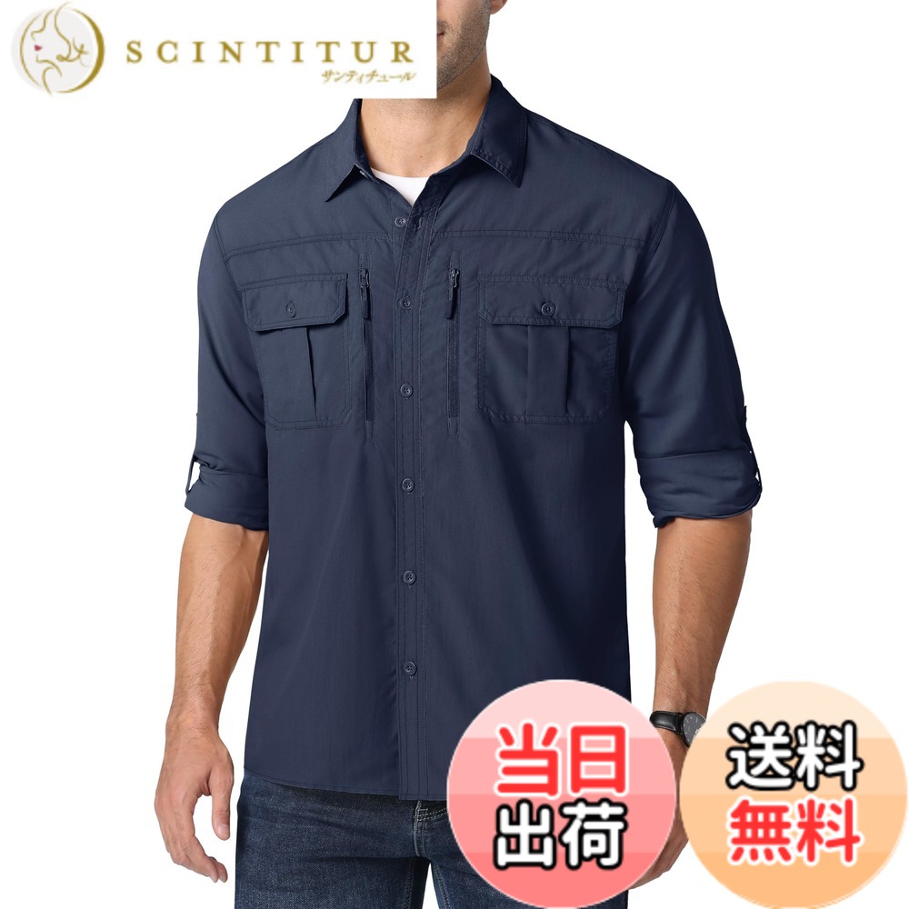 【送料無料】[MAGCOMSEN] ミリタリーシャツ メンズ 作業着 夏用 長袖 涼しい 多ポケット タクティカルシャツ 速乾 薄手 アウトドアウェア 登山 釣り uvカット 夏 春 秋 色：ネイビー、サイズ：M