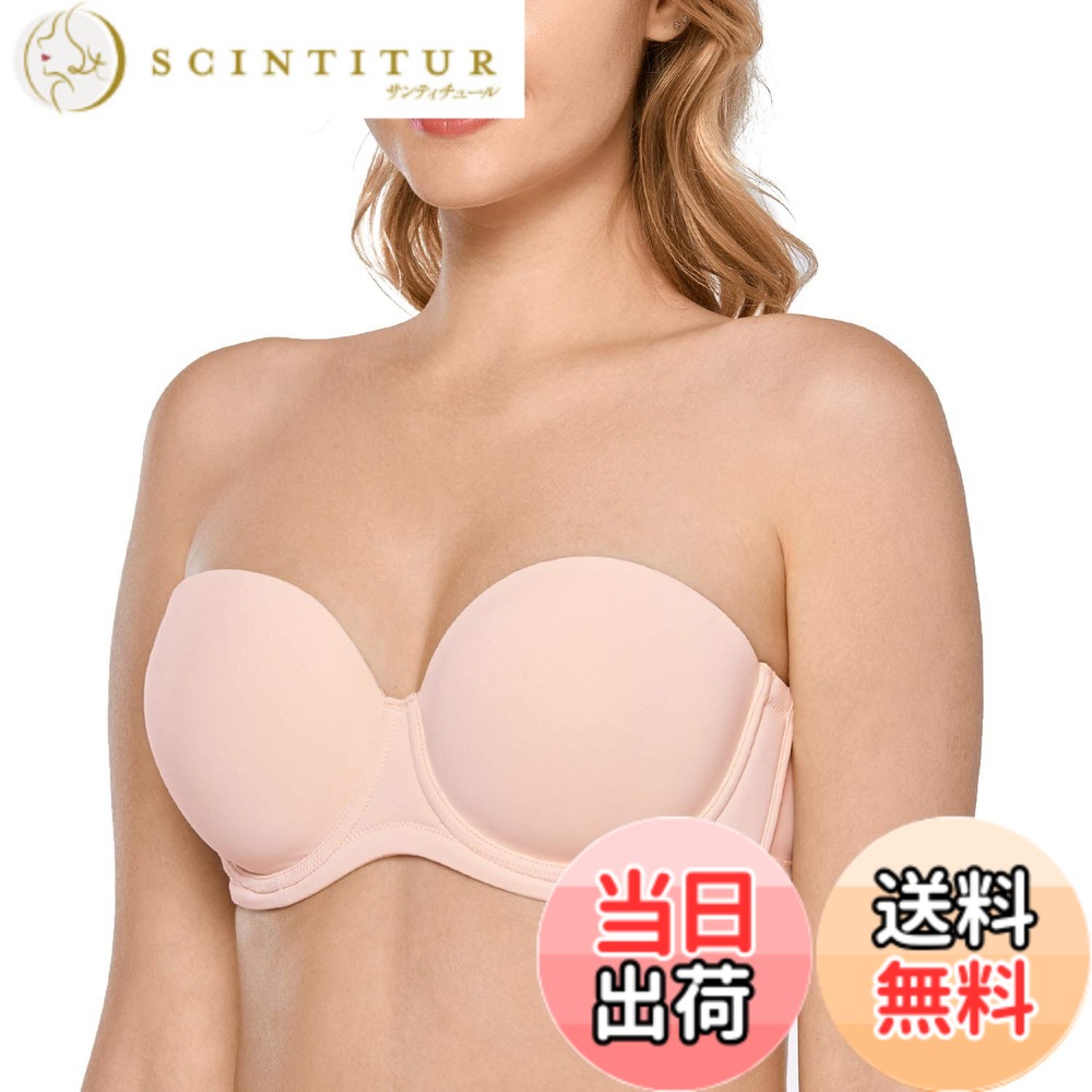 【送料無料】[DELIMIRA] ストラップレスブラジャー レディース ワイヤー入り モールドフルカップ 大きいサイズブラジャー ストラップレスブラ 色：アプリコットピンク、サイズ：E105