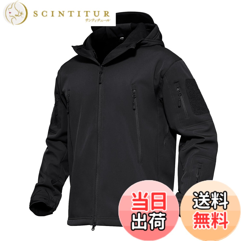【貨物輸送無料】[MAGCOMSEN] タクティカルジャケット サバゲー メンズ アウトドア 山登りアウター 雨合羽防風 防寒着 裏フリース ソフトシェルジャケット ミリタリー ボンネット付き添い人 多衣嚢 イヤホンホール付き添い人 烏兎冬 色：黒いこと、大きさ：M