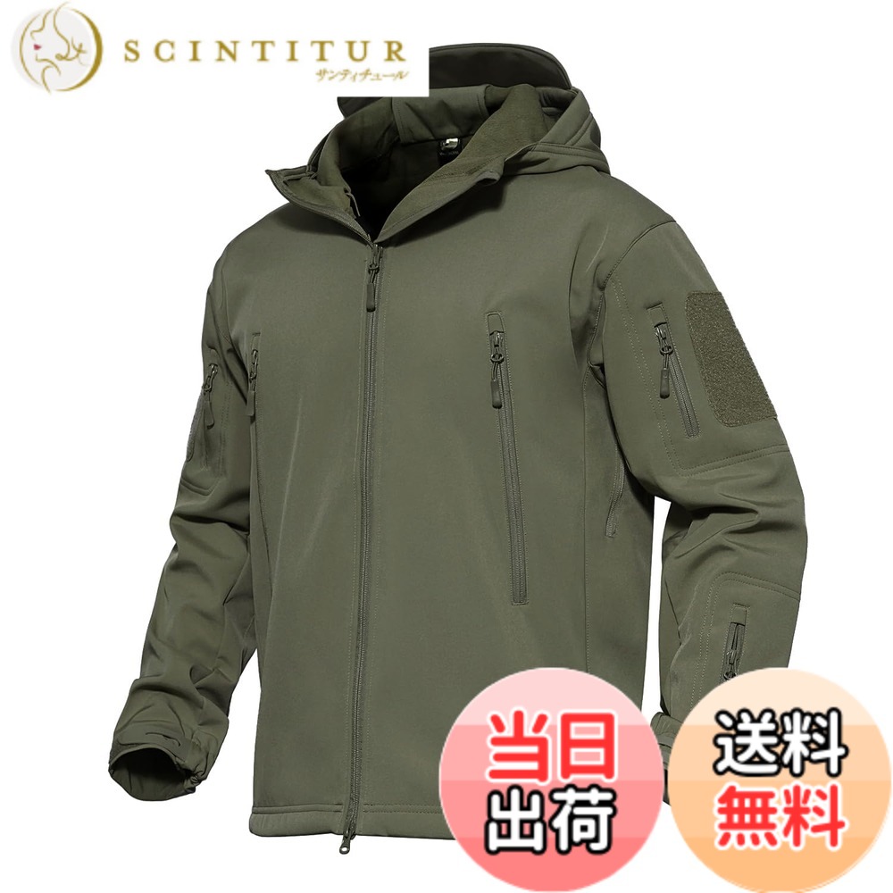 【貨物輸送無料】[MAGCOMSEN] タクティカルジャケット サバゲー メンズ アウトドア 山登りアウター 雨合羽防風 防寒着 裏フリース ソフトシェルジャケット ミリタリー ボンネット付き添い人 多衣嚢 イヤホンホール付き添い人 烏兎冬 色：アーミーグリーン、大きさ：3XL