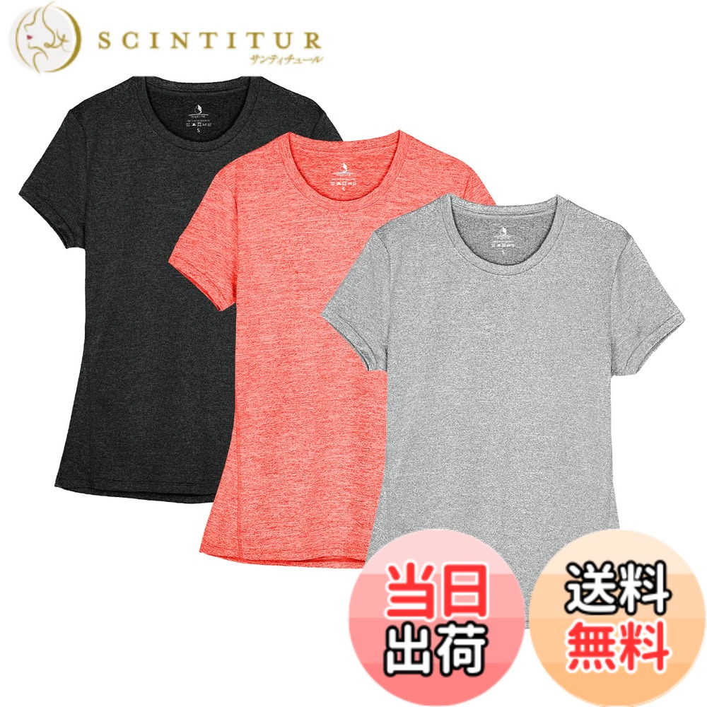 【送料無料】[icyzone] スポーツウェア レディース Tシャツ ヨガウェア ランニングトップス 半袖 速乾 通気 カジュアル 大きいサイズ フィットネス アスレチック 3枚入 色：ブラック/グラナイト/オレンジ、サイズ：M