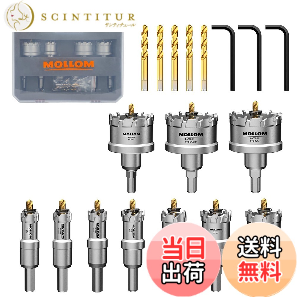 【貨物輸送無料】Mollom 高耐久超硬ホールソー、パイロットドリルビット2個、広座敷切り手はステンレス鋼鋼、軟鋼、鉄、銅、金管楽器、可塑性物質を撥ねのけるします 色：しろがね色、大きさ：10本のせん孔機書き割り(16-53粍)