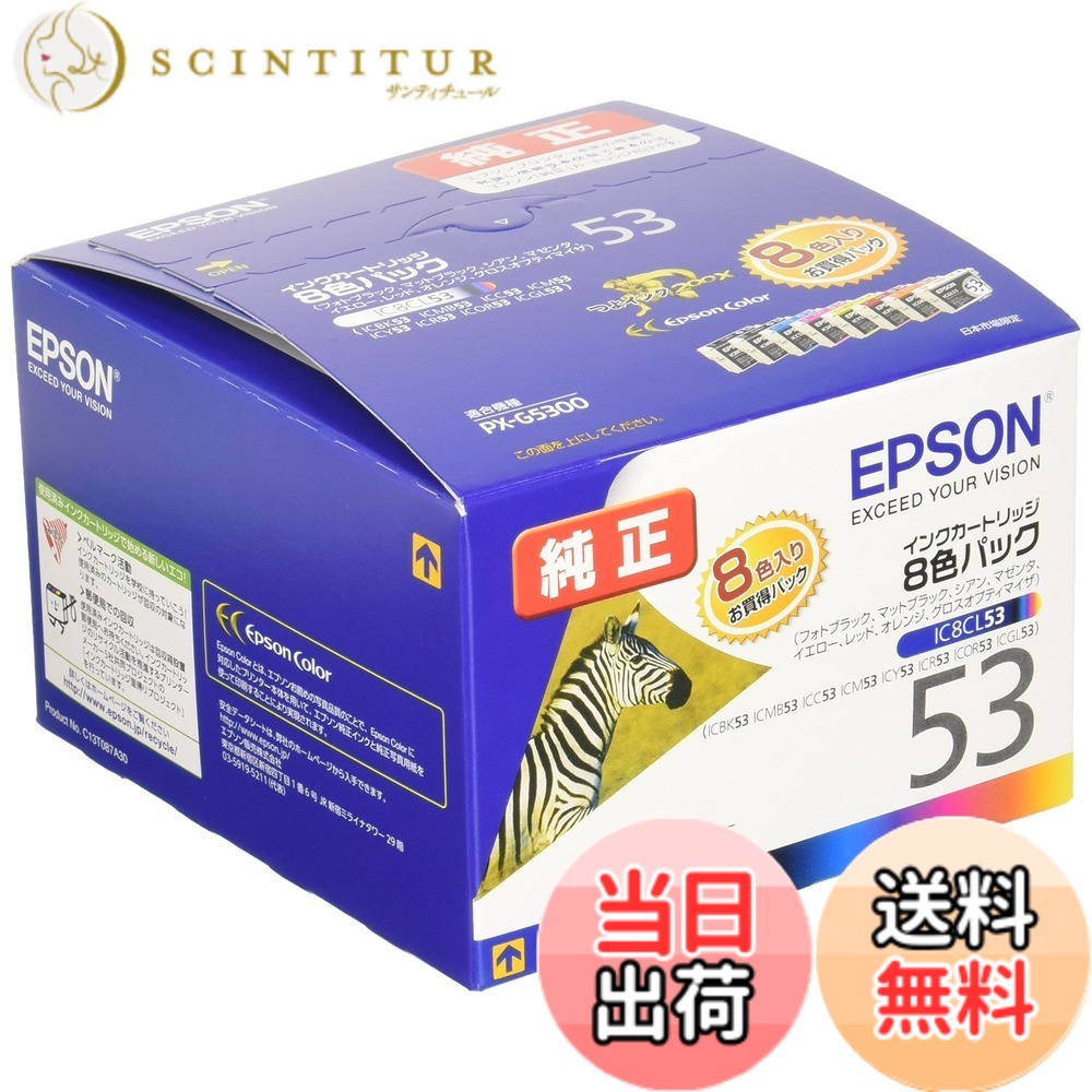 【送料無料】EPSON Colorio 純正インクカートリッジ 53シリーズ (パッケージ写真 シマウマ) 色:8色パック|サンティチュール
