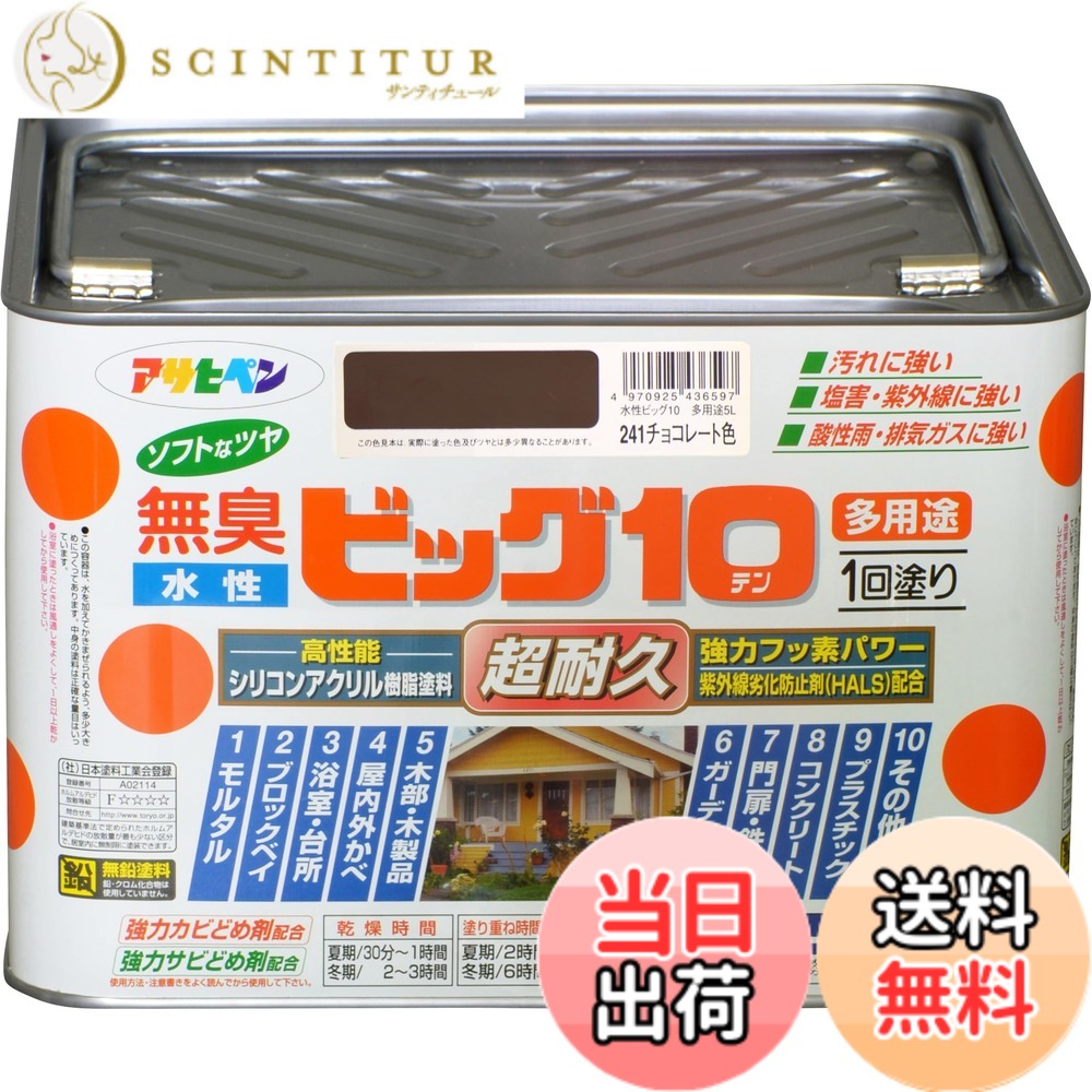 【貨物輸送無料】アサヒペン 絵の具 絵の具 水溶性ビッグ10多役立つこと 5L 241黒茶色 水溶性 多役立つこと 半ツヤ ホンブルグ帽なツヤ 1回ペンキ塗り 超耐久 無臭 風変わりフッ素脂練り合わせる 防真菌 サビドメ剤練り合わせる 紫外線落ち込み押しとどめる剤練り合わせる シックハウス打つ手品 日本製 色：241黒茶色、大きさ：5L