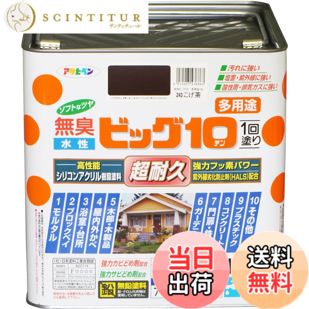 【貨物輸送無料】アサヒペン えの具 えの具 水溶性ビッグ10多役立つこと 10L 243こげ茶 水溶性 多役立つこと 半ツヤ ホンブルグ帽なツヤ 1回ペンキ塗り 超耐久 無臭 一種独特フッ素脂練りあわせる 防真菌 サビドメ剤練りあわせる 紫外線落ち込み押しとどめる剤練りあわせる シックハウス打つ手品 日本製 色：243こげ茶、大いさ：10L