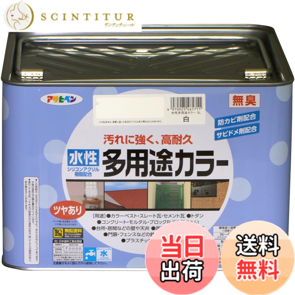 【送料無料】アサヒペン 塗料 ペンキ 水性多用途カラー 色:白、サイズ:5L|サンティチュール