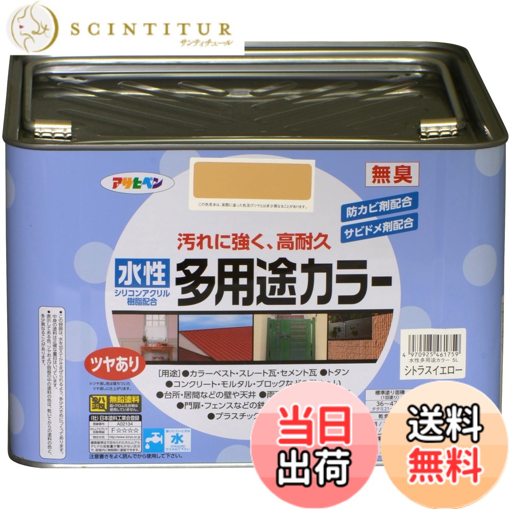 【貨物輸送無料】アサヒペン 絵の具 絵の具 水溶性多役立つこと色合い 色：シトラスイエロー、大きさ：5L